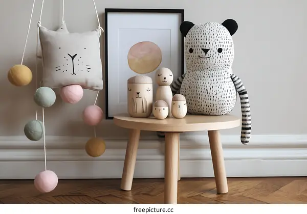 Adorable Nursery Decor with Wooden Figurines and Stuffed Animals