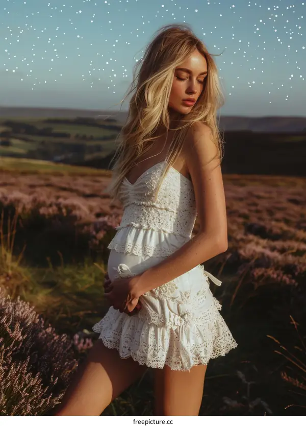 Pregnant woman standing in a field of flowers