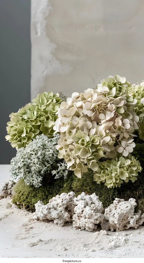 Hydrangeas, Moss, and Coral on a White Background