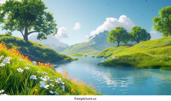 Serene River Valley with Lush Grass and Blooming Flowers