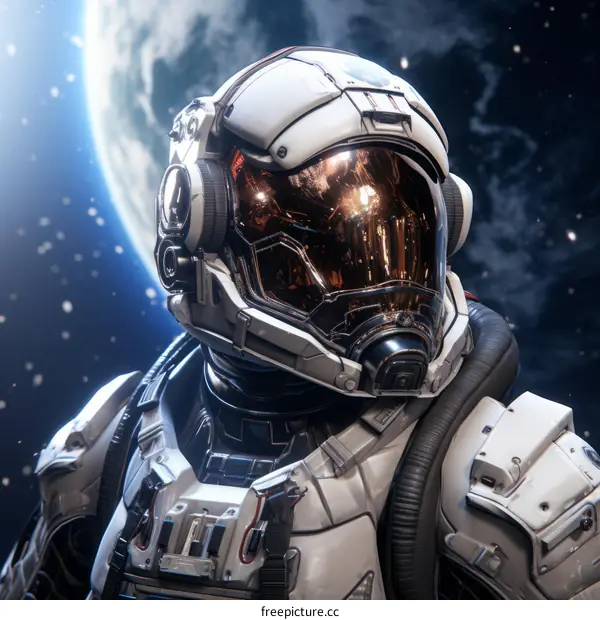 Astronaut in spacesuit with helmet visor reflecting planet Earth