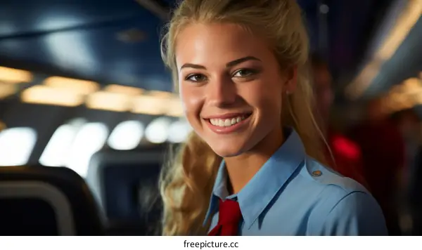Portrait of a smiling young blonde woman in a blue shirt and red tie