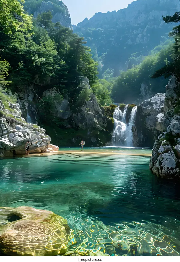 Crystal Clear Waterfall Pool in Mountain Valley