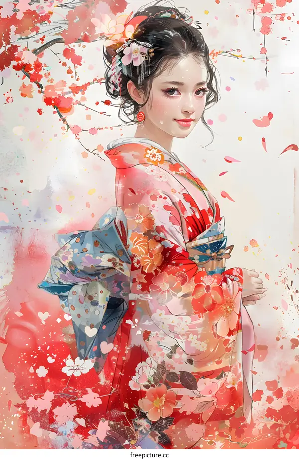A beautiful Japanese woman in a kimono stands under a cherry blossom tree.