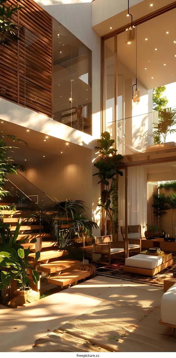 Modern Minimalist Home Interior Design With Wooden Staircase And Green Plants