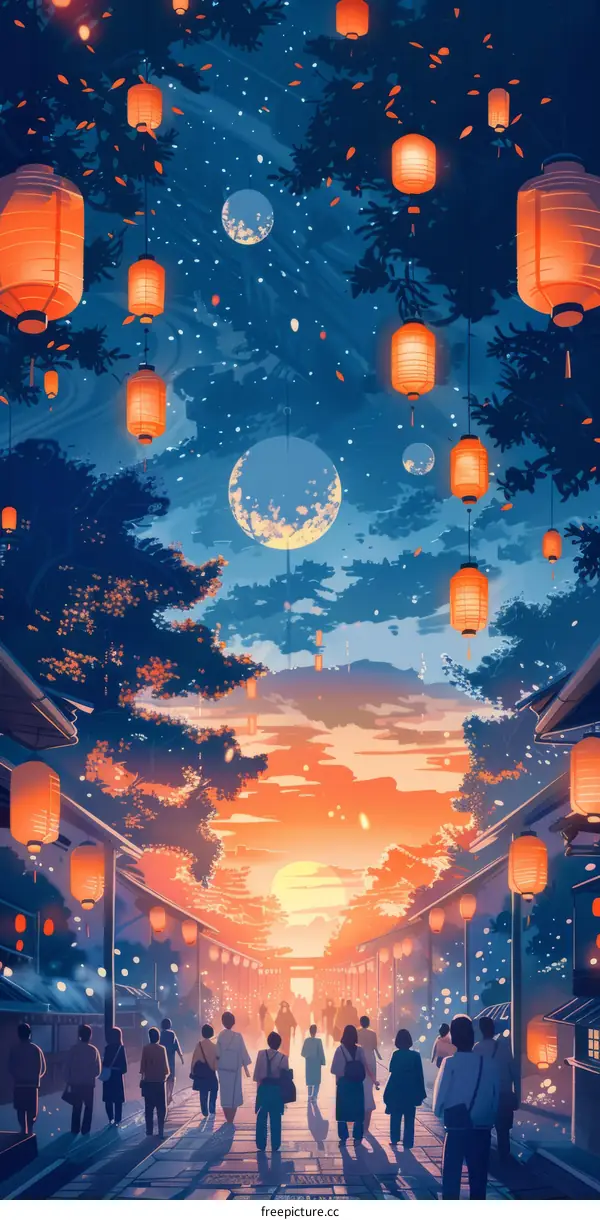 Lantern Festival: Crowds Stroll Through a Street at Night