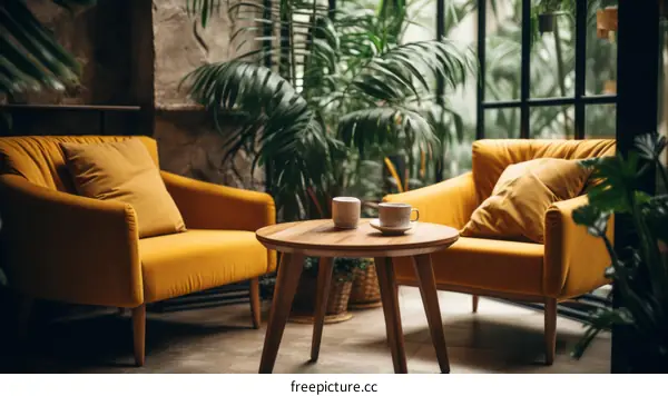 Two yellow armchairs and a round table in a lush green living room