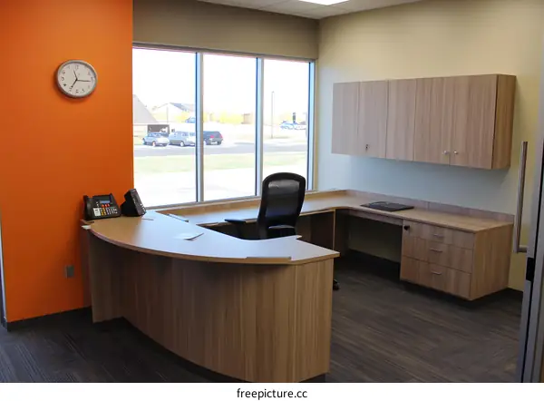 Modern Office Interior Design with Wooden Desk and Orange Wall