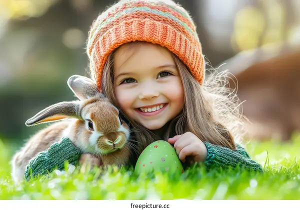 Smiling Girl with Easter Bunny and Egg