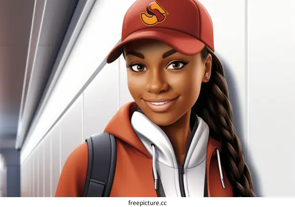 Smiling Young Woman in Red Cap and Orange Jacket Standing in Hallway