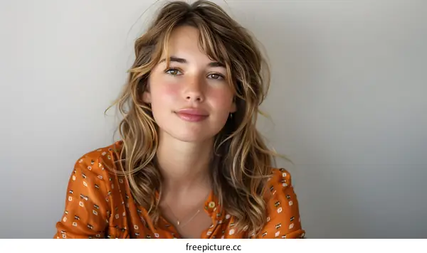 portrait of a young woman with long brown hair and freckles