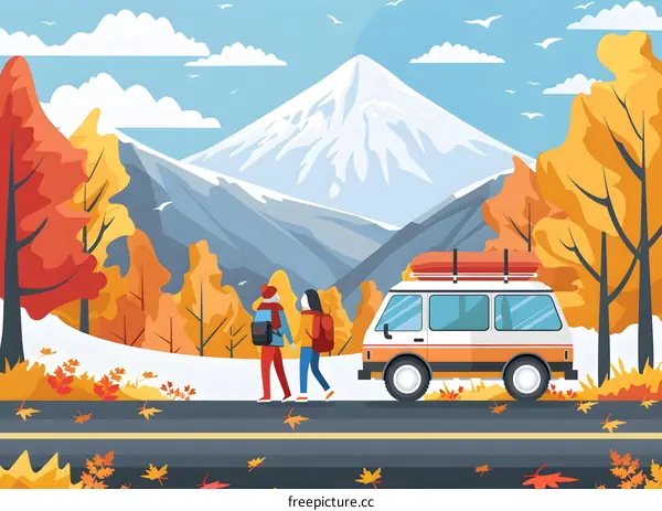 Couple Hiking with Van in Mountain Landscape