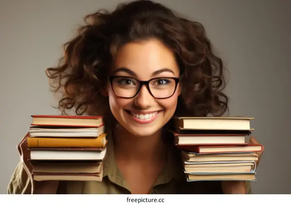 A young woman with curly hair is holding two stacks of books and smiling.