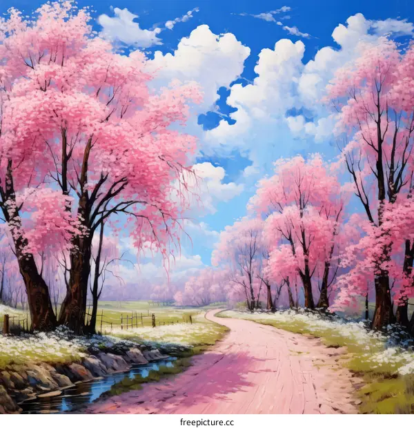 Country road under a canopy of cherry blossoms