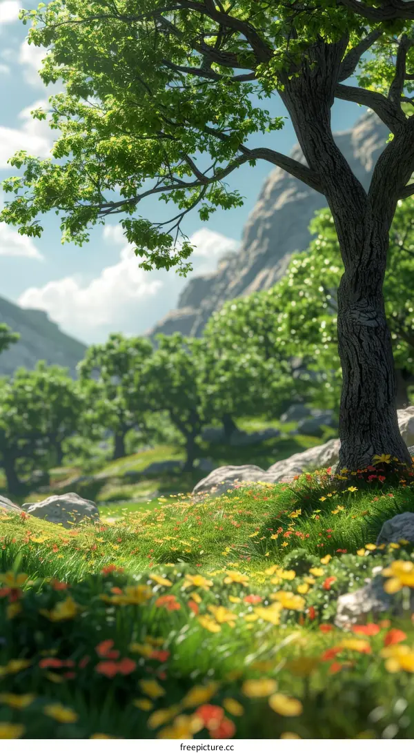 Spring Landscape: Blooming Flowers and Green Hills