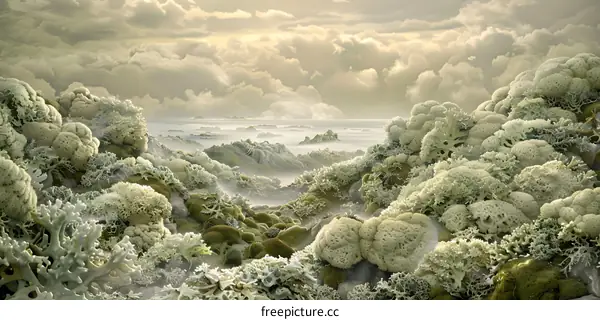 Misty Landscape With Lichen Covered Rocks