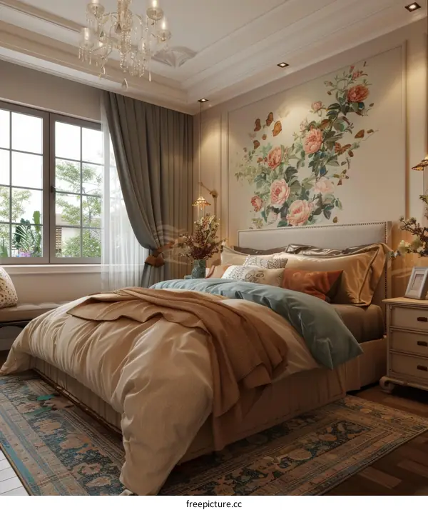 Elegant bedroom interior with floral mural