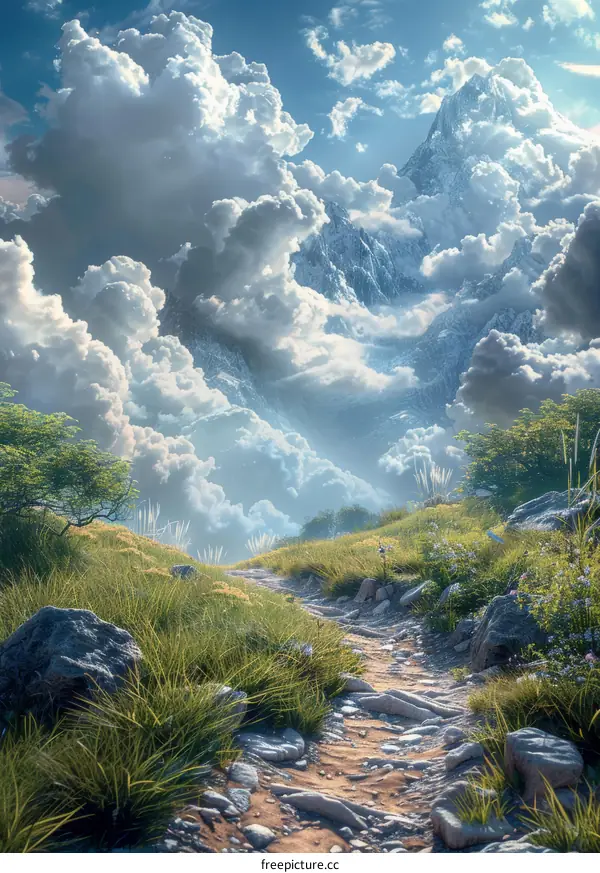 Misty Mountain Path with Fantasy Cloudscape