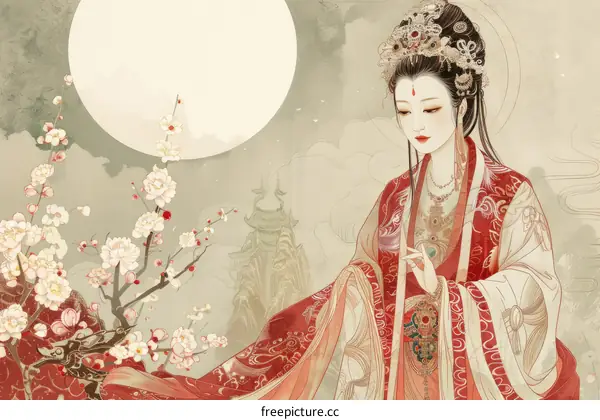 Chinese Lady in Traditional Dress Standing in Garden with Full Moon