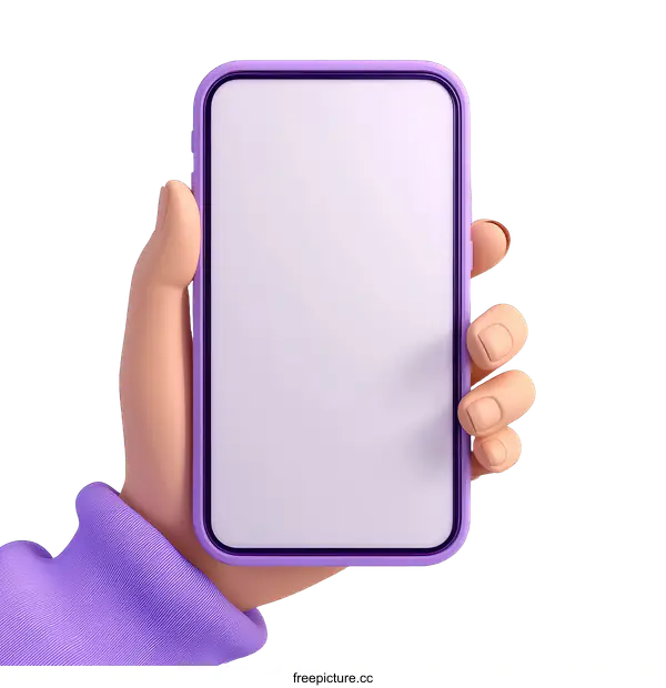 [Transparent Background PNG]Cartoon Hand Holding a  Purple Smartphone Mockup