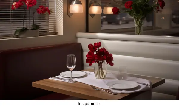 A romantic dinner table with red flowers