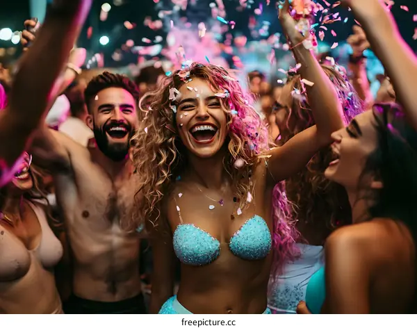 Group of Friends Dancing and Celebrating at a Music Festival