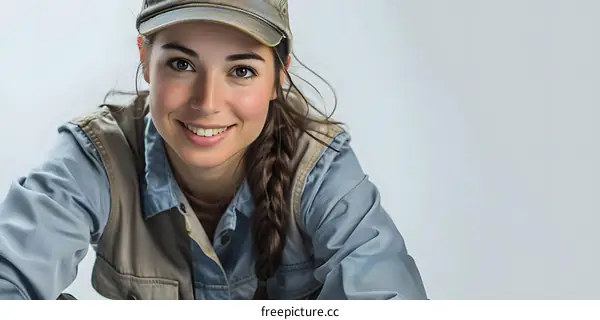 Smiling Woman in Workwear and a Cap