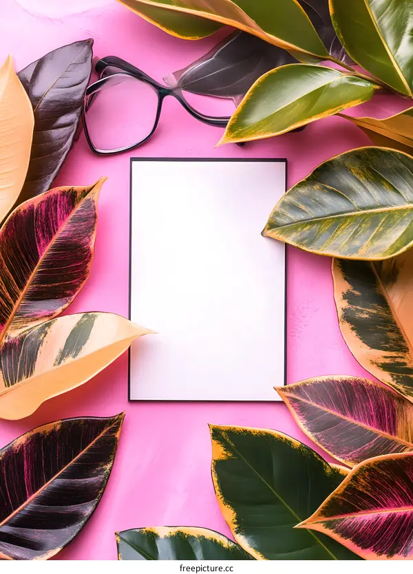 White Paper Mockup with Green Leaves and Pink Background