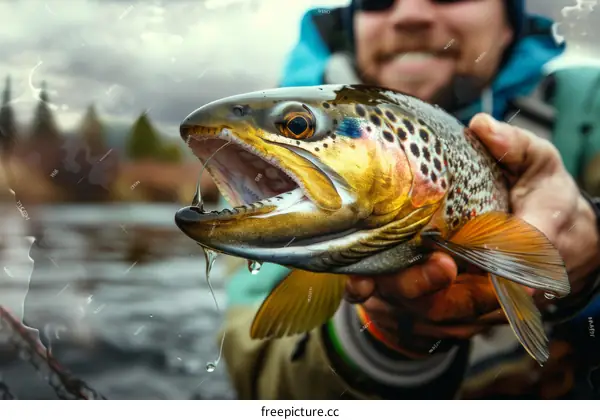 A fisherman holds a large brown trout he caught in the river.