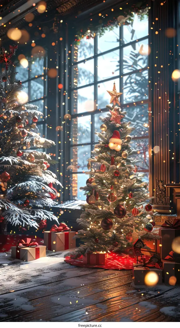 Christmas Tree in Living Room Adorned with Presents