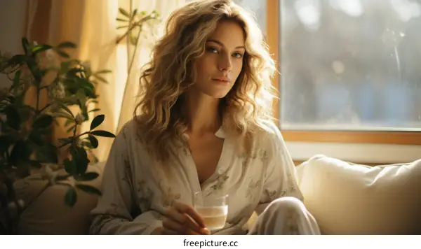 A beautiful blonde woman is sitting on a couch and drinking from a glass