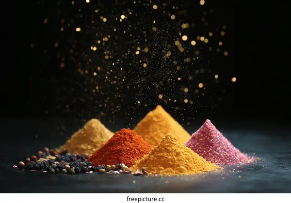 Colorful Spices and Seasoning Mixture on Dark Background
