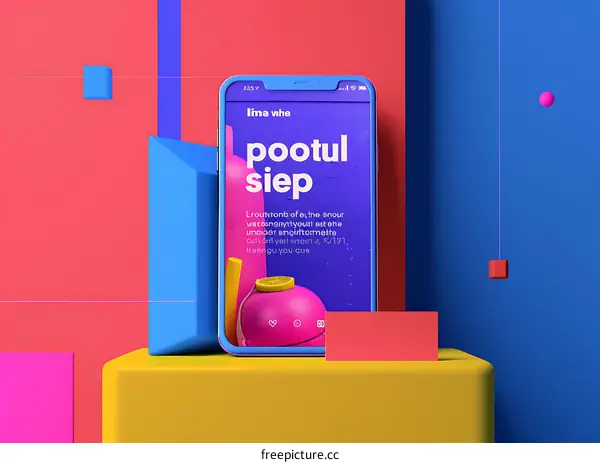 3D Illustration of Mobile Phone with Colorful Geometric Shapes