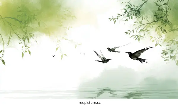 Peaceful Birds in a Misty Green Landscape
