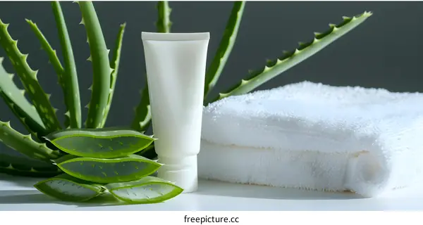 Aloe Vera Cream Tube with Towel and Aloe Vera Leaves