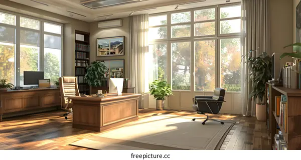 Modern Home Office Design with Large Windows and Natural Light