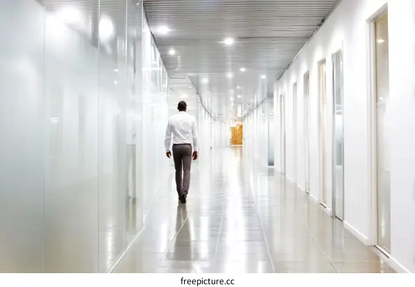 Modern Office Corridor with Person Walking