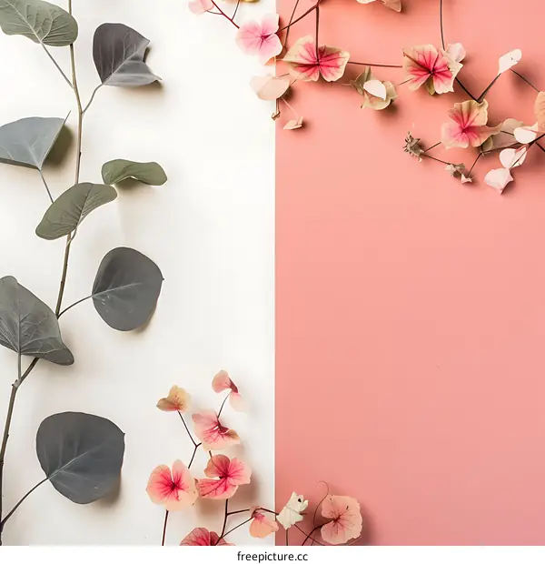 Pink and Green Flowers on White and Pink Background