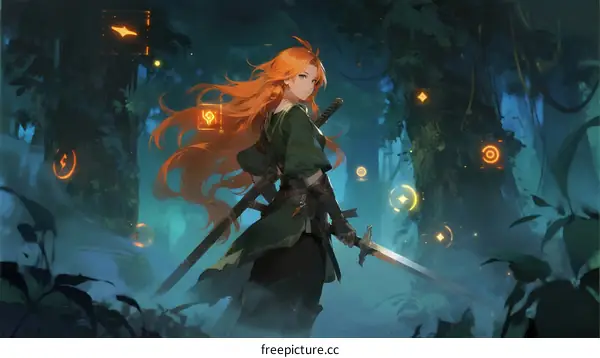 A Female Warrior with Long Orange Hair in a Mysterious Forest