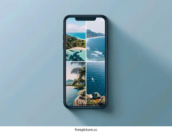 Mobile Phone Displaying Tropical Ocean Images