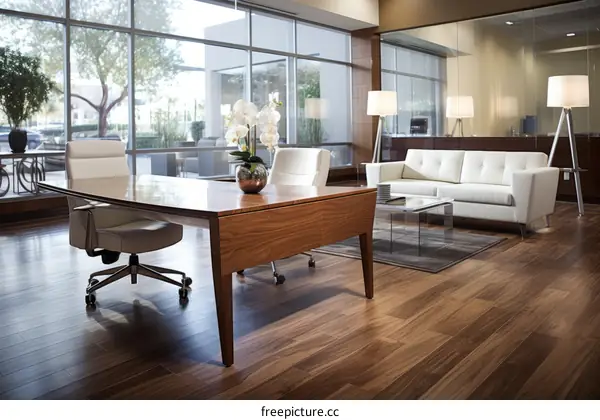 Modern Office Workspace with Wood Desk and White Leather Furniture