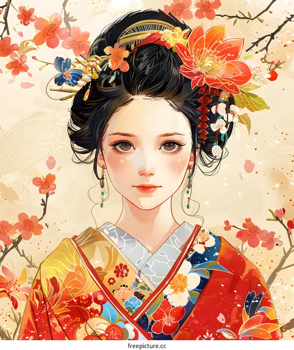 A beautiful Japanese woman in a kimono with red and white flowers in her hair