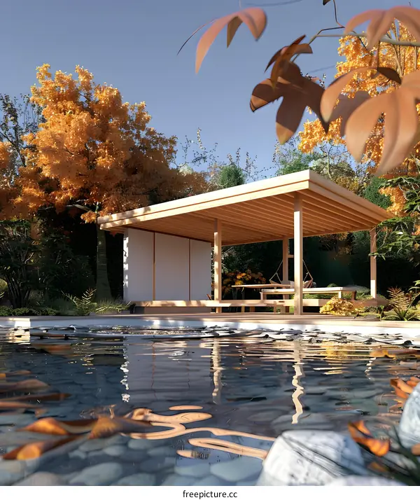 Modern Japanese Garden Design With Wooden Pavilion and Pond