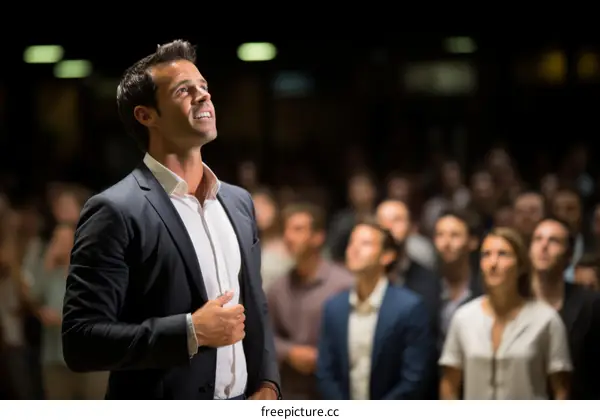 Confident Businessman Addressing Crowd at Event