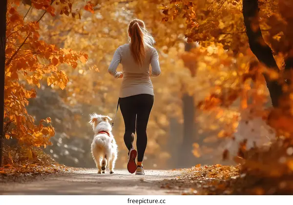 Woman Running with Dog in Autumn Forest