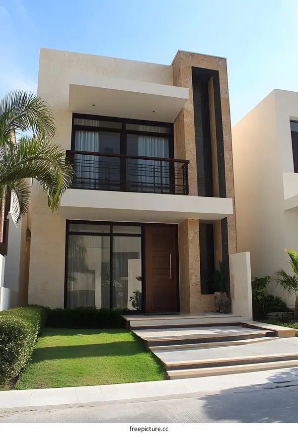 Modern Two Story Home with Balcony and Stone Facade