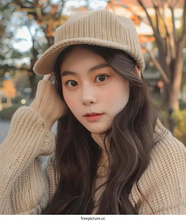 Young Asian Woman Wearing a Knitted Sweater and Cap