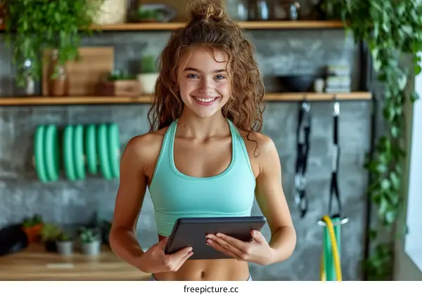 Woman holding digital tablet in fitness apparel