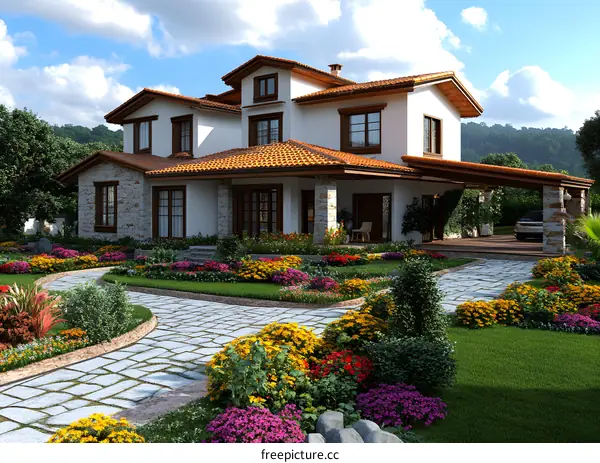 Modern White Villa with Garden and Stone Pathway