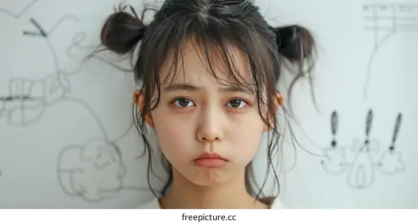 A young Asian girl with brown hair in pigtails making a pouty face